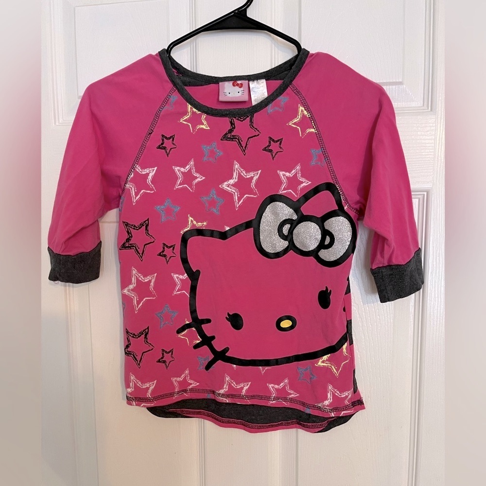 Hello Kitty Girls Top Size 10/12 – Pink Star Graphic Tee – Glitter Bow